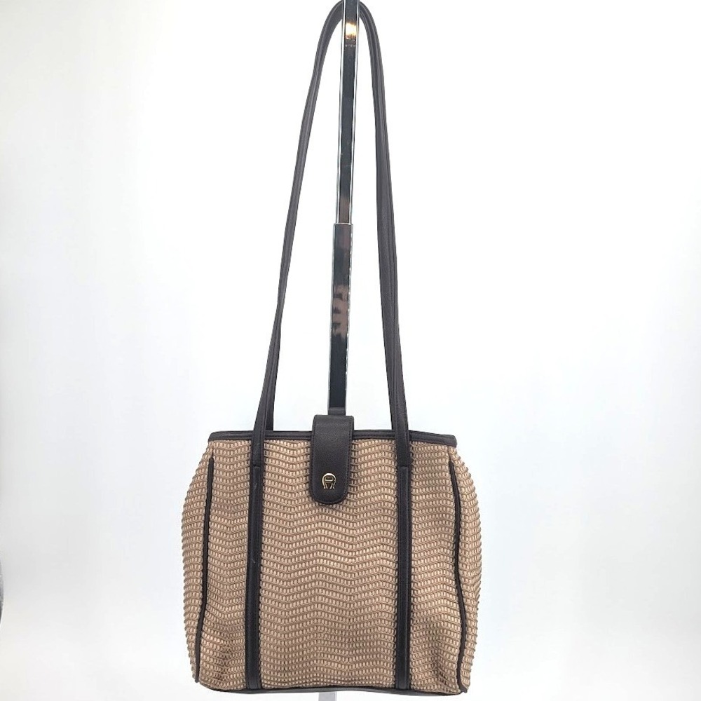 Etienne Aigner Woven Chevron Shoulder Bag Tan Brown Faux Leather Trim Vintage